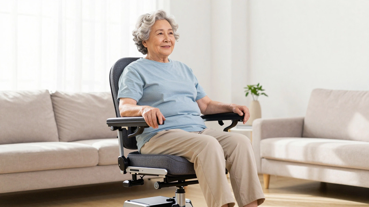 Elderly person smiling while using a power lift recliner chair in a bright living room