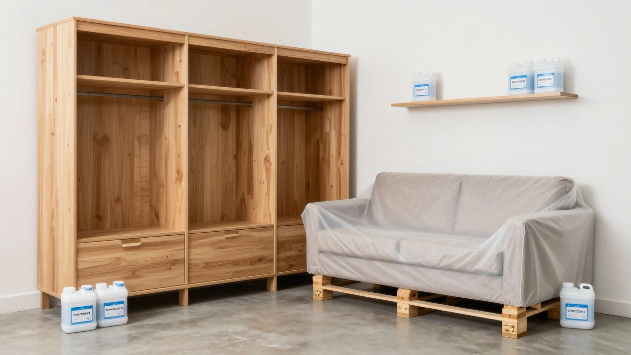 Furniture elevated on pallets and covered with breathable fabric in a well-ventilated storage unit.
