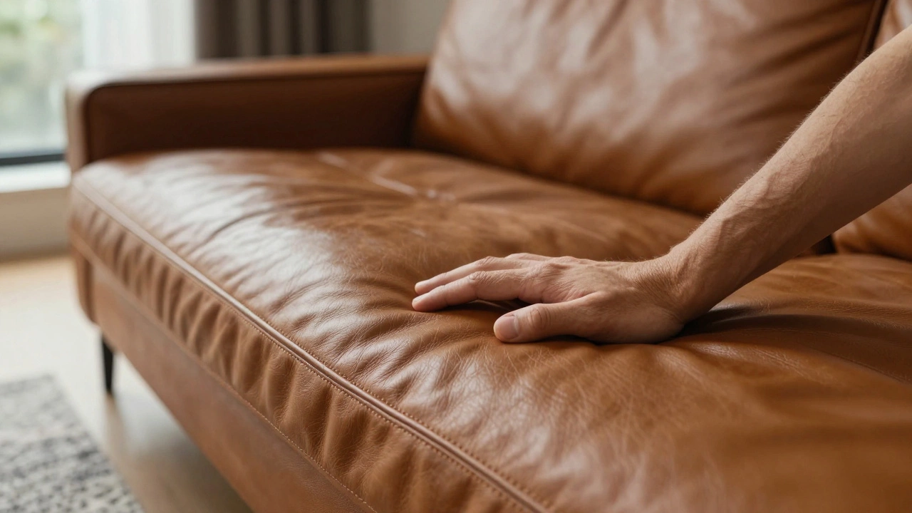 Hand pressing into high-quality cognac top-grain leather on a luxury sofa.