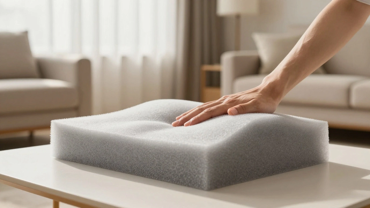 Hand testing the resilience and bounce-back of a high-density foam chair cushion.