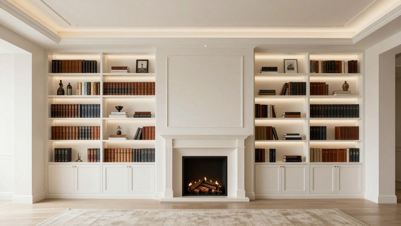 Luxury built-in bookshelves integrated into walls surrounding a fireplace with soft lighting