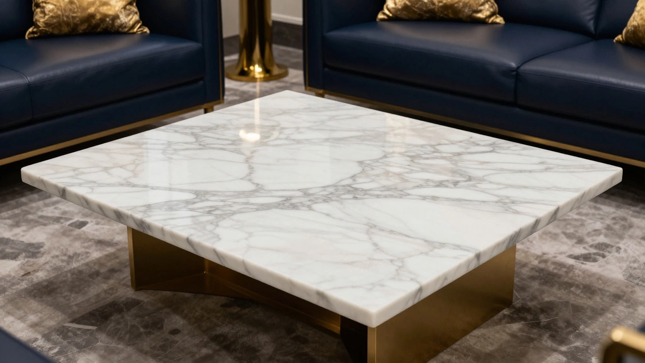 Luxury white Carrara marble coffee table with gold accents in an opulent living room