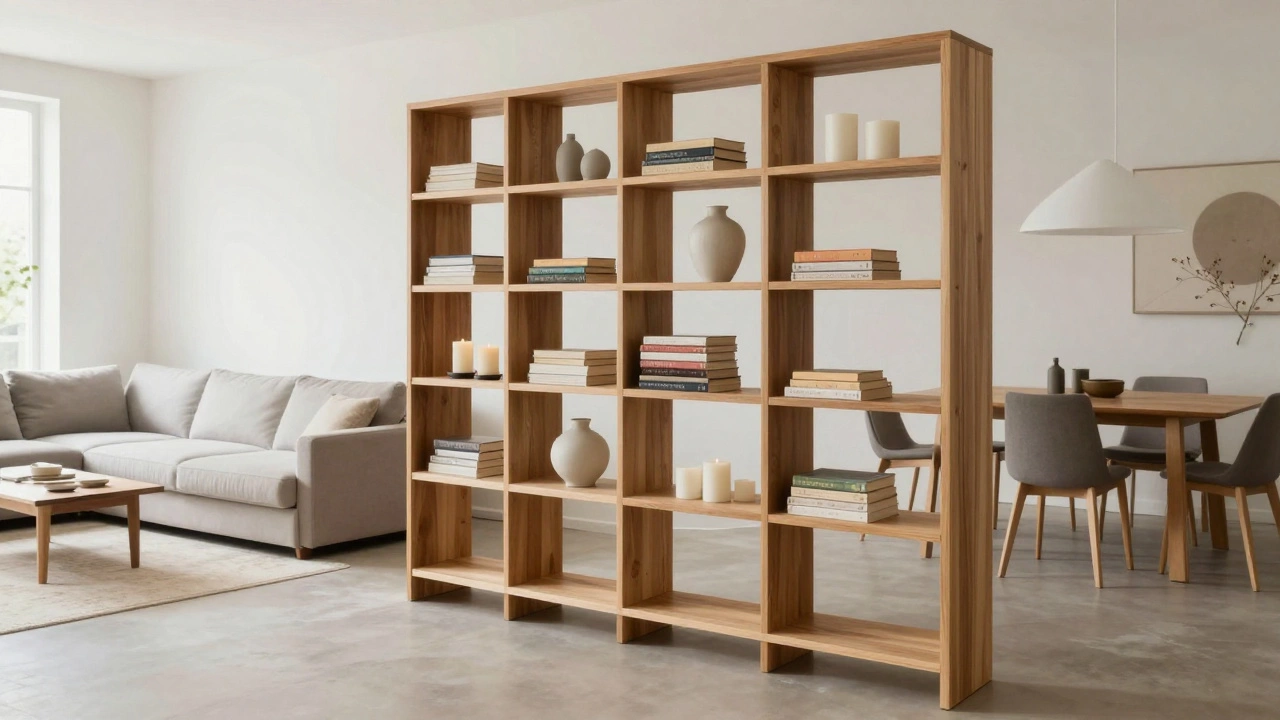 Modern open-back bookshelf acting as a room divider in a bright, open-concept home