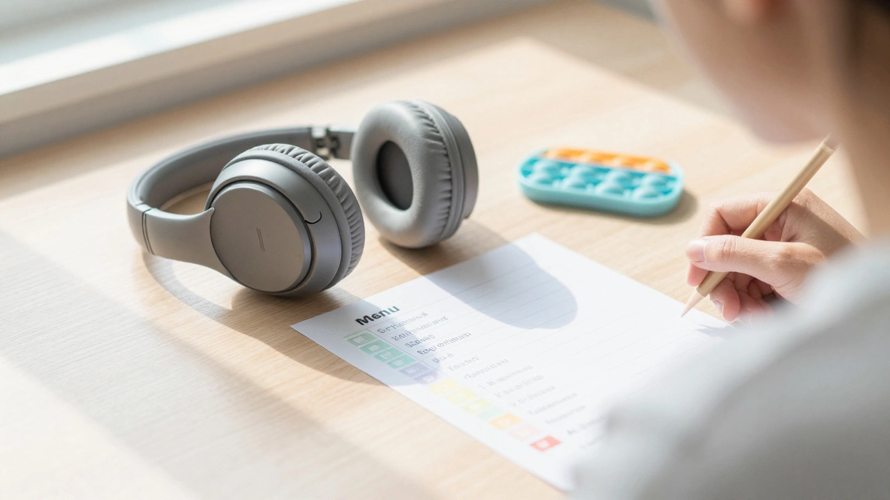 Noise-canceling headphones and a flexible task menu on a sunlit wooden desk.