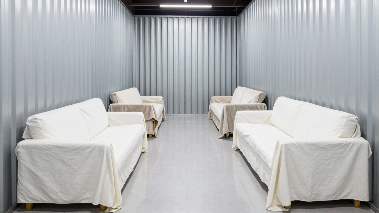 Organized storage unit with furniture spaced away from walls and a center aisle for airflow