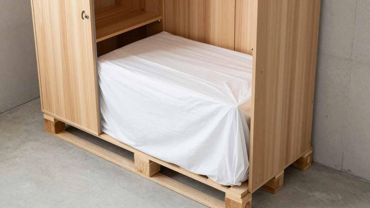 Properly stored wooden furniture on pallets with breathable cotton covers and air gaps from walls