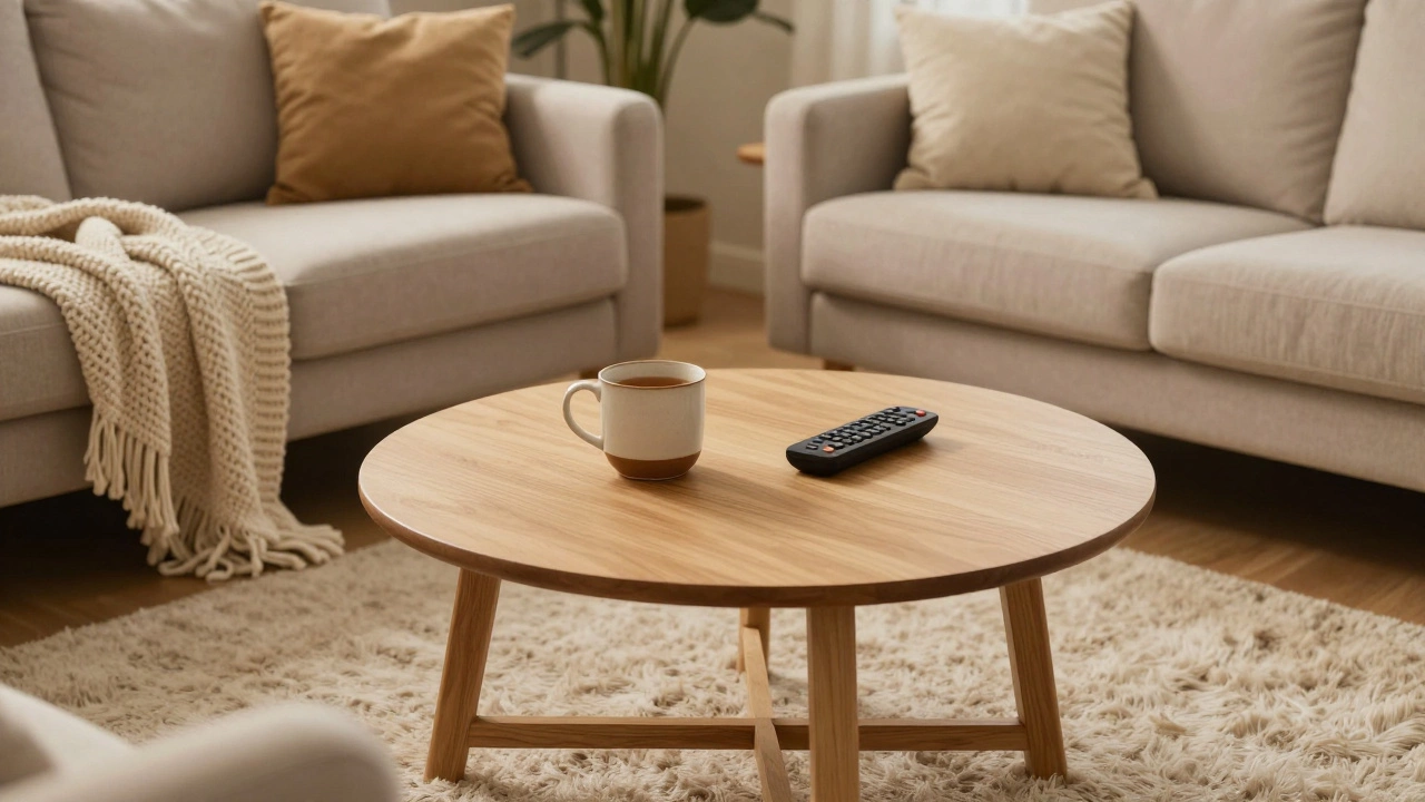 Round light-oak coffee table in a cozy family living room with a warm atmosphere
