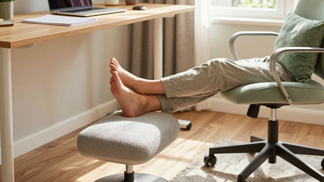 A sunlit home office setup featuring a fidget footrest and a wobble cushion for active sitting support.