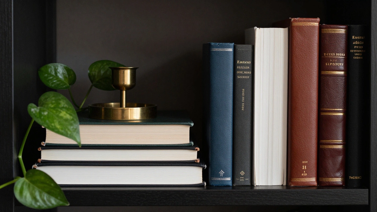 Close-up of books stacked horizontally and vertically with a plant on top for visual interest.