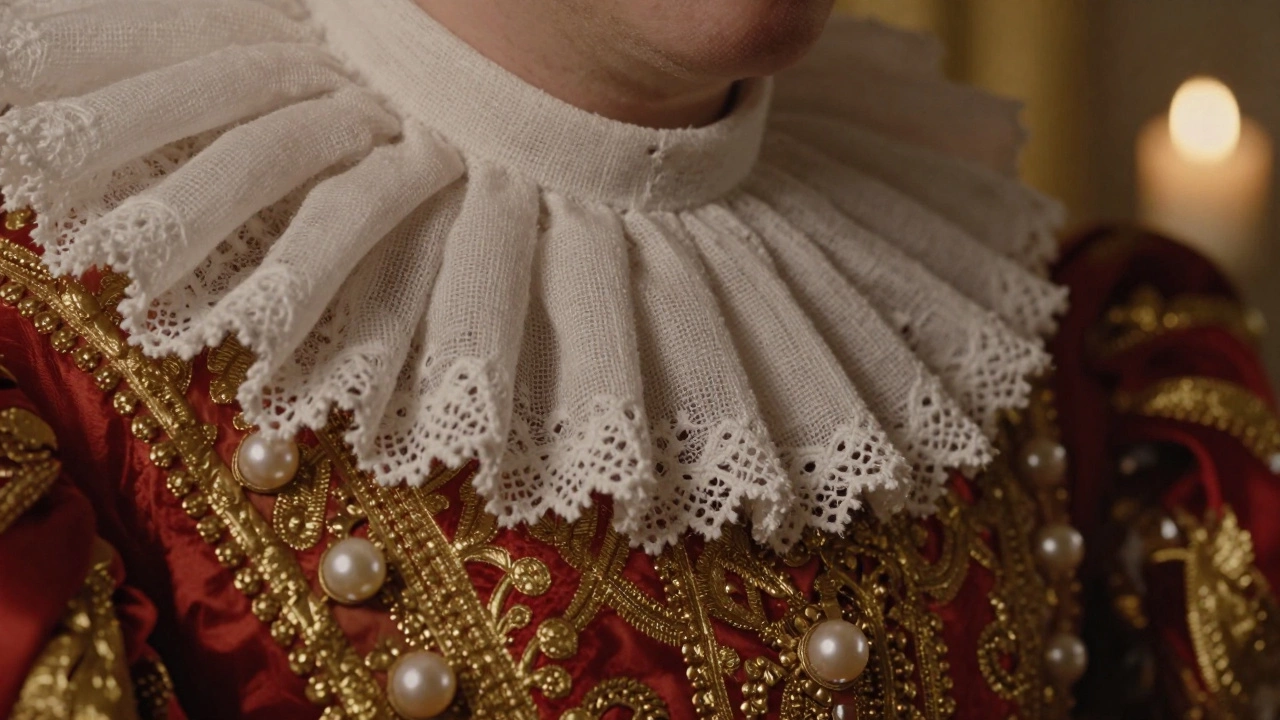 Close-up of Elizabeth I's lace ruff and pearl-embroidered brocade fabric