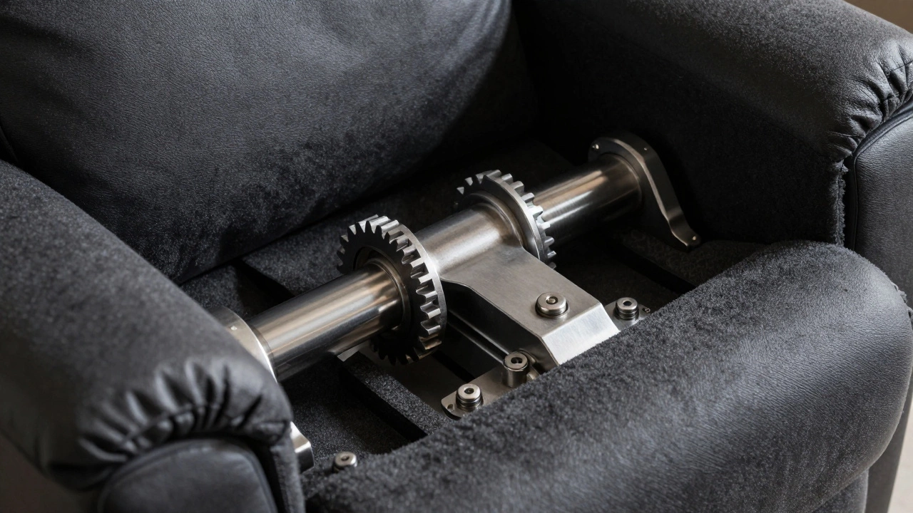 Close-up of robust steel recliner mechanism and high-density foam