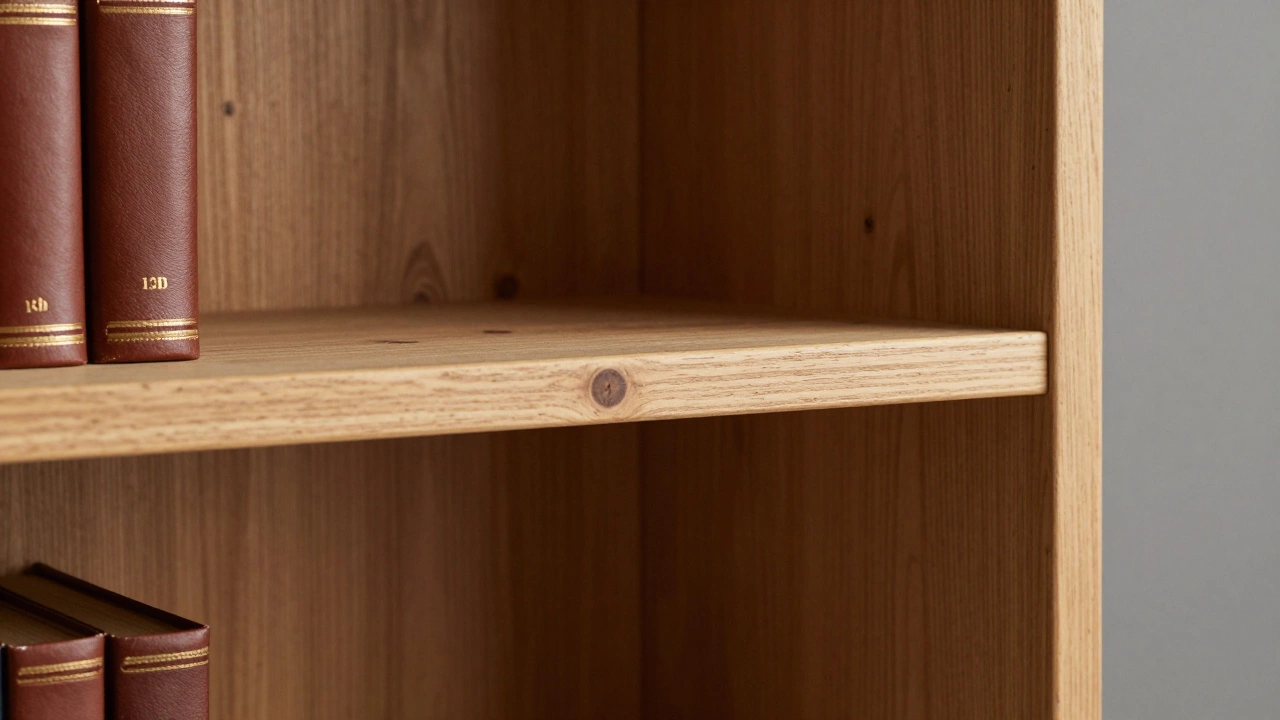 Close-up of solid pine wood texture on an IKEA HEMNES rustic bookcase