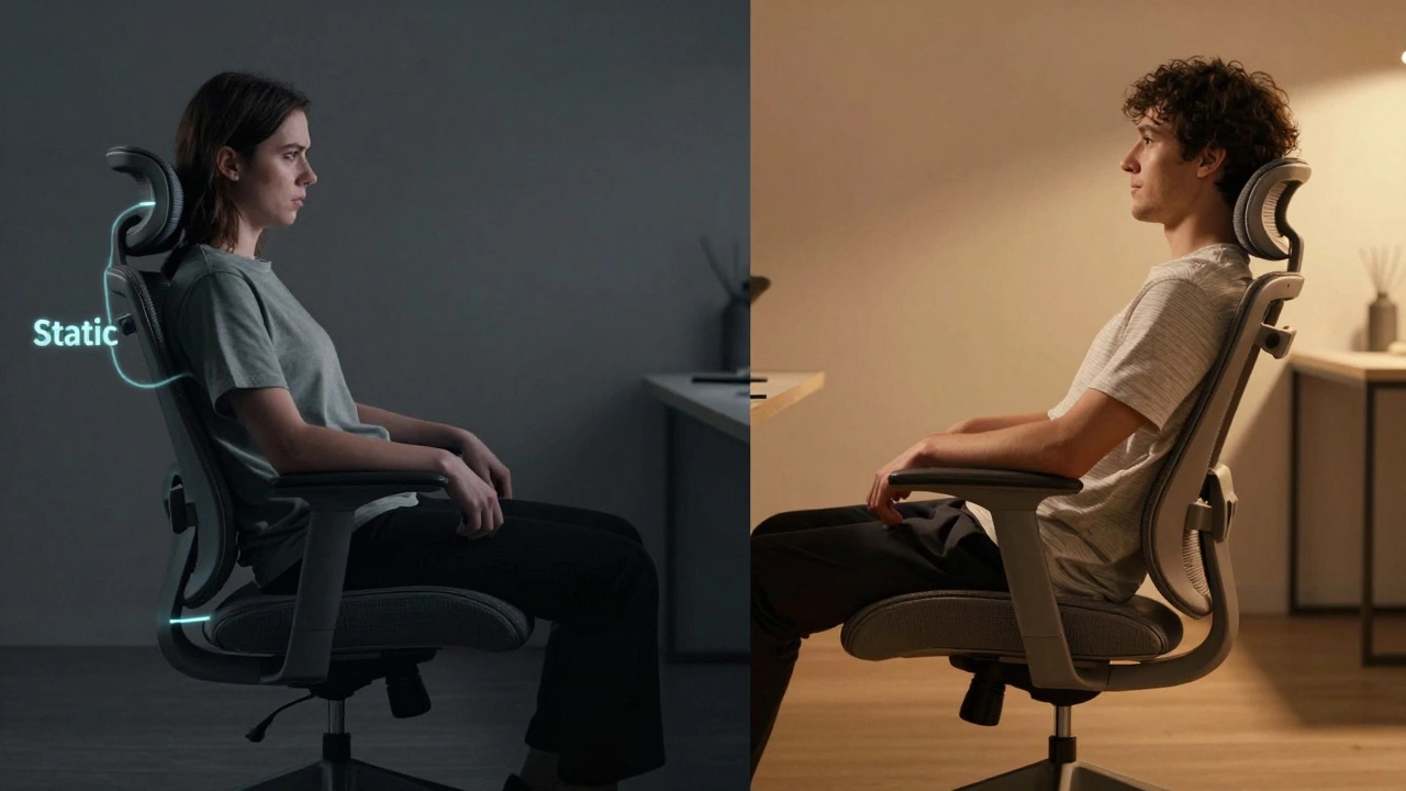 Comparison of a person sitting rigidly in a stiff chair versus relaxing in a dynamic, tilting ergonomic chair.