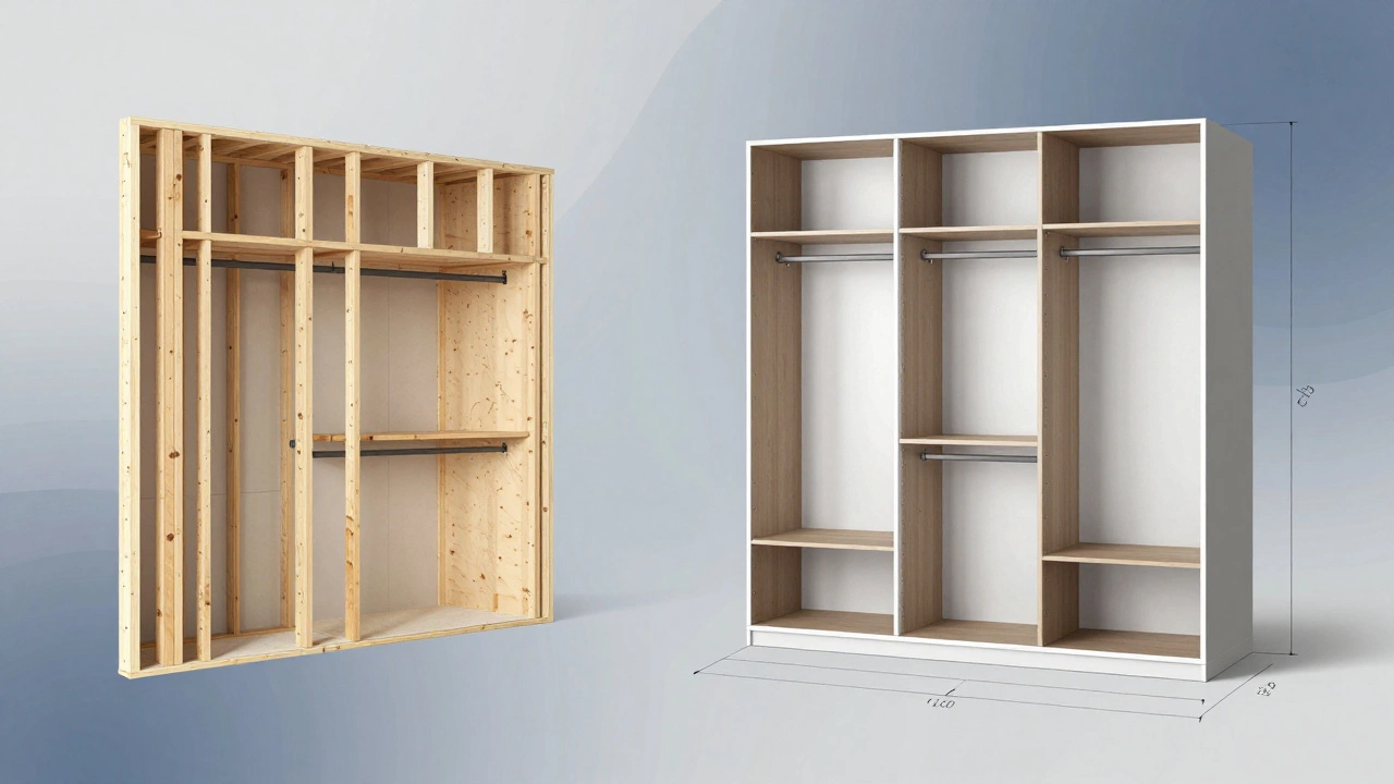 Conceptual graphic comparing house wall structure with a modular wardrobe unit.