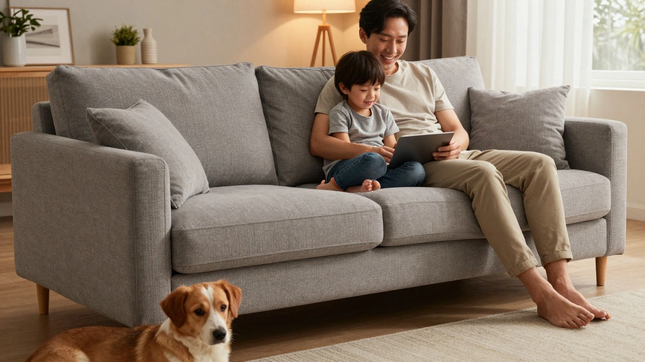 Family and dog relaxing on durable grey sofa