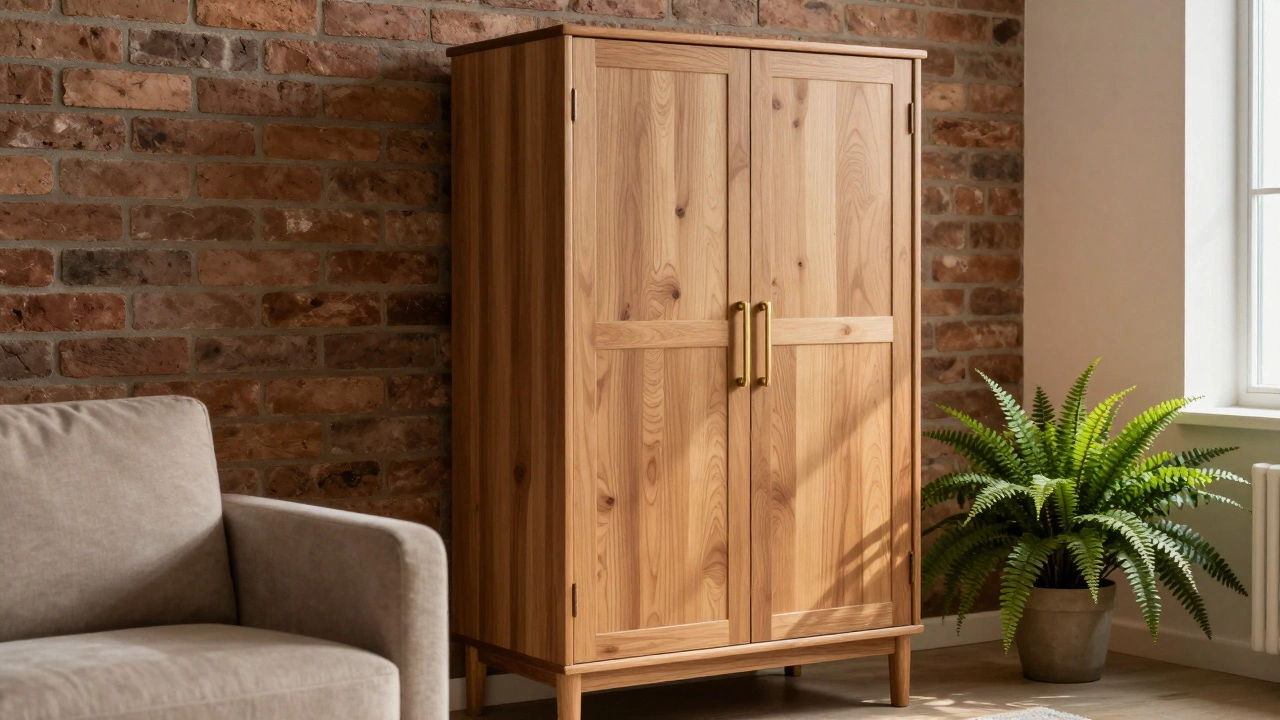 Freestanding wooden armoire standing in a cozy, sunlit apartment corner.