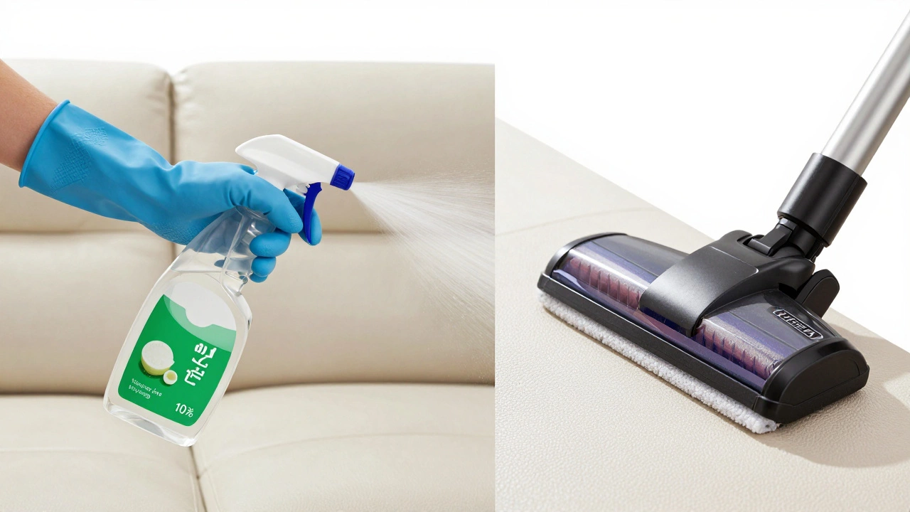 Gloved hand spraying vinegar on leather and vacuuming fabric for mold removal