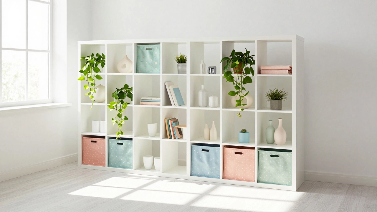 IKEA KALLAX grid shelf used as a room divider with plants and storage bins