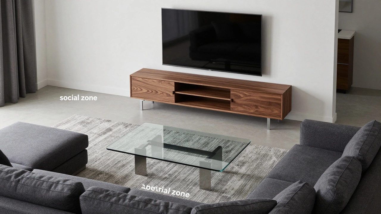 Living room showing lower coffee table and higher TV stand layout