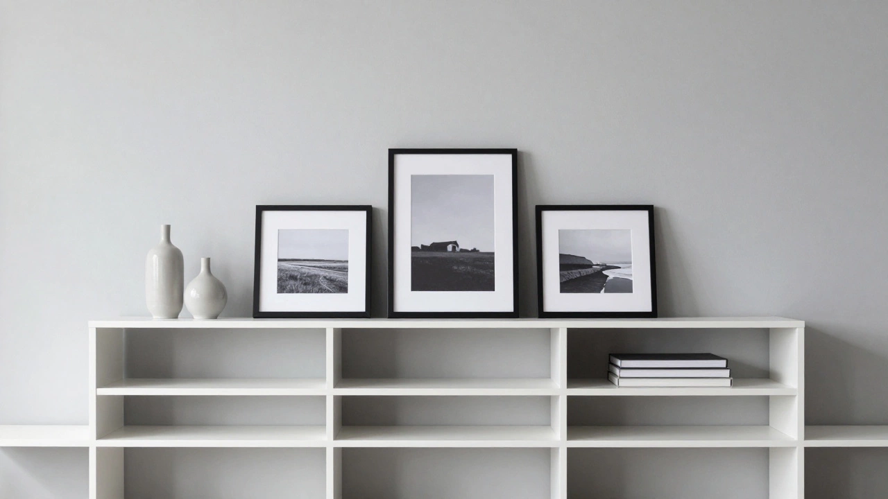 Minimalist shelf display using negative space and groups of three decorative items.