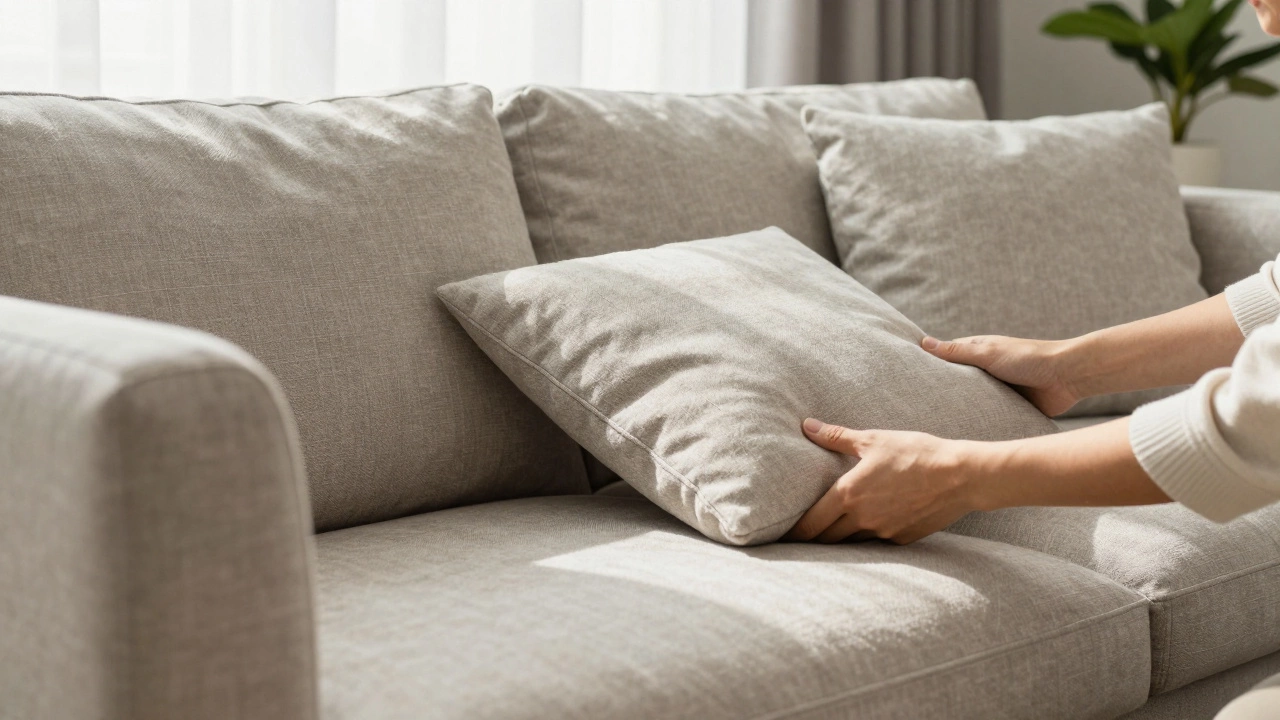 Person rotating sofa cushions in a bright UK living room