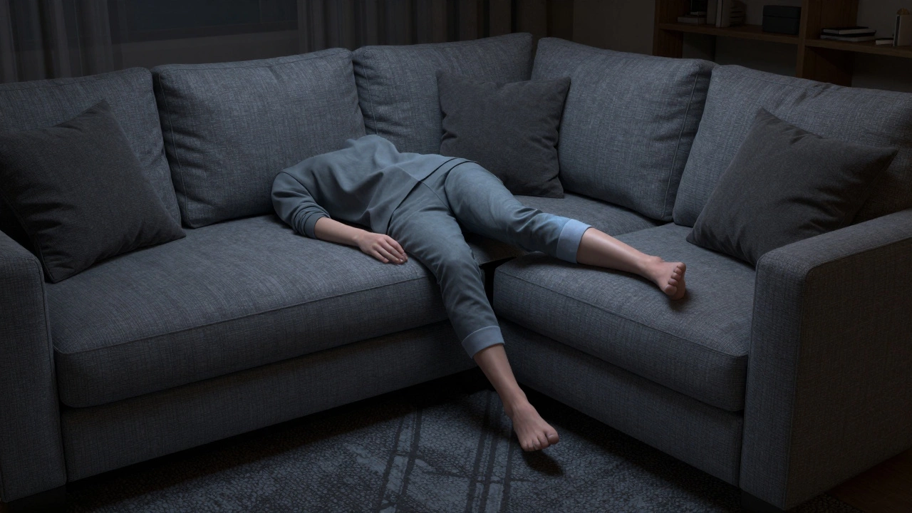 Person sleeping on corner sofa with leg dangling off narrow chaise edge