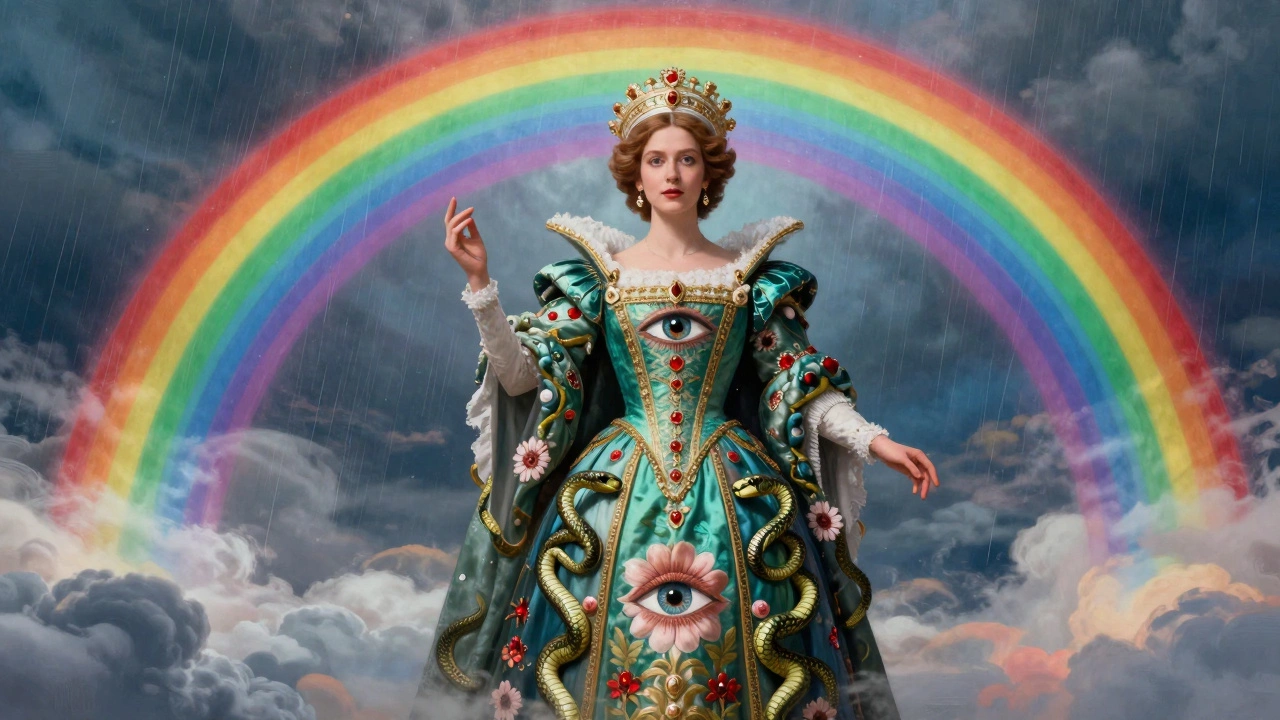 Symbolic portrait of Elizabeth I with rainbows, eyes, and snakes on her dress
