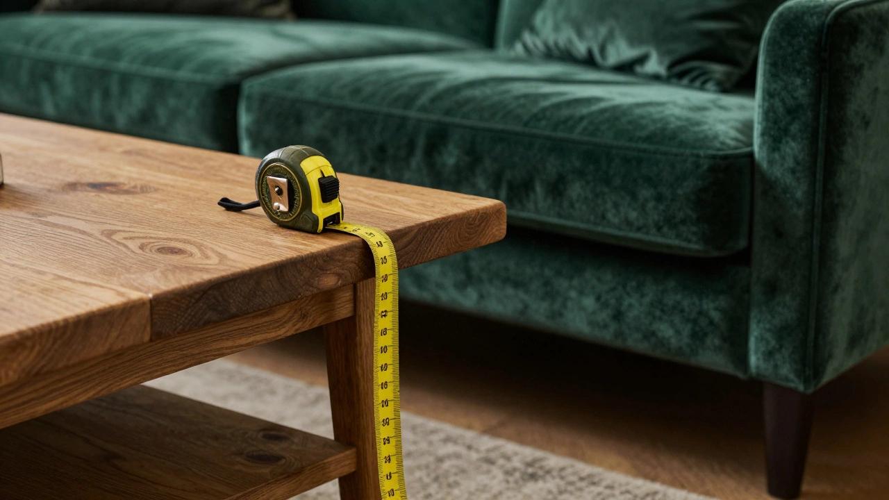 Tape measure on coffee table next to sofa cushion for height comparison