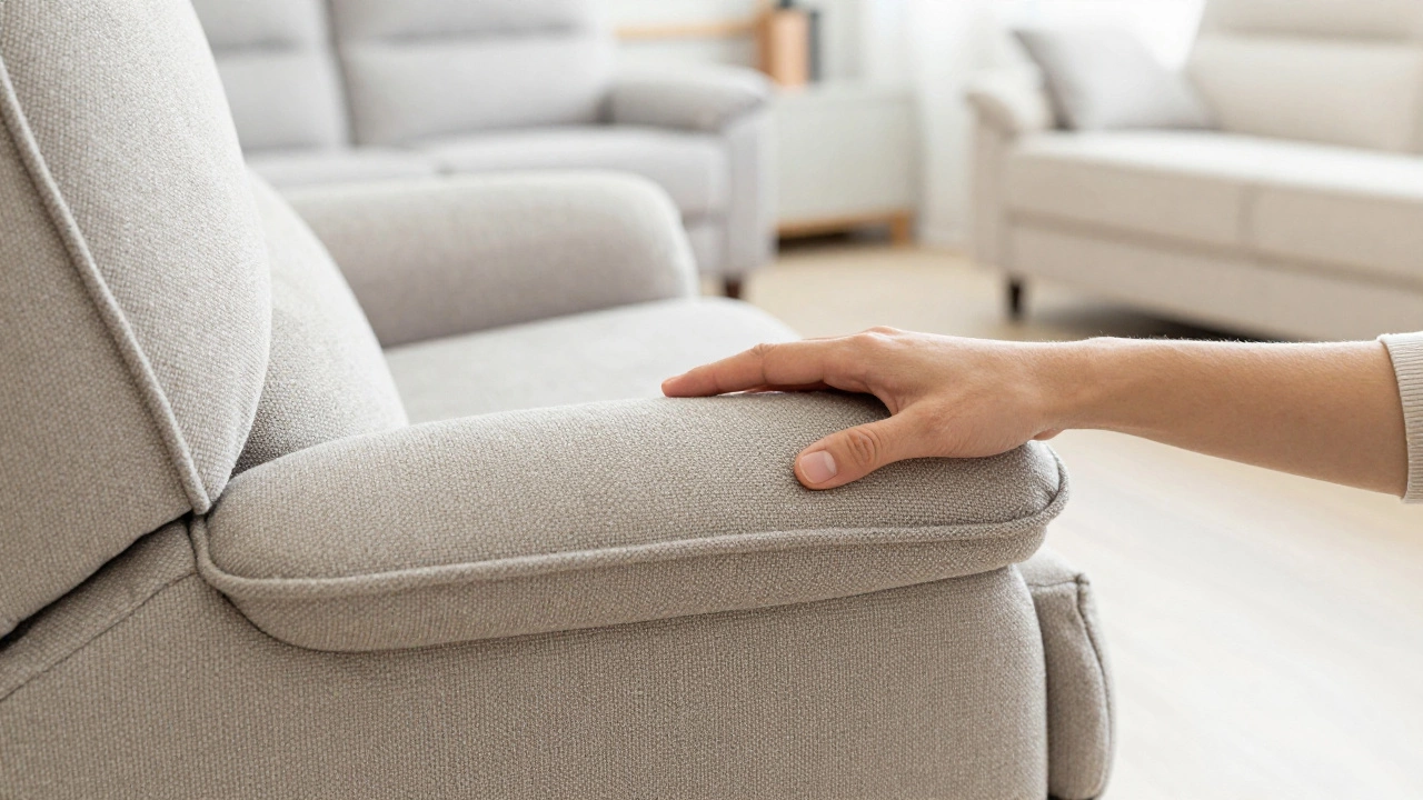 Close-up of hands feeling recliner fabric texture in a bright showroom