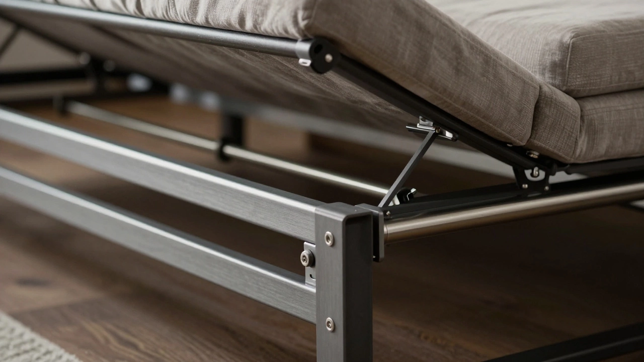Close-up of sturdy steel mechanism inside an extending sleeper sofa