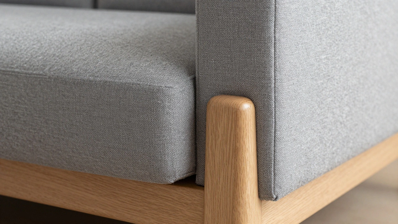 Close-up of textured grey chenille sofa fabric and wooden legs