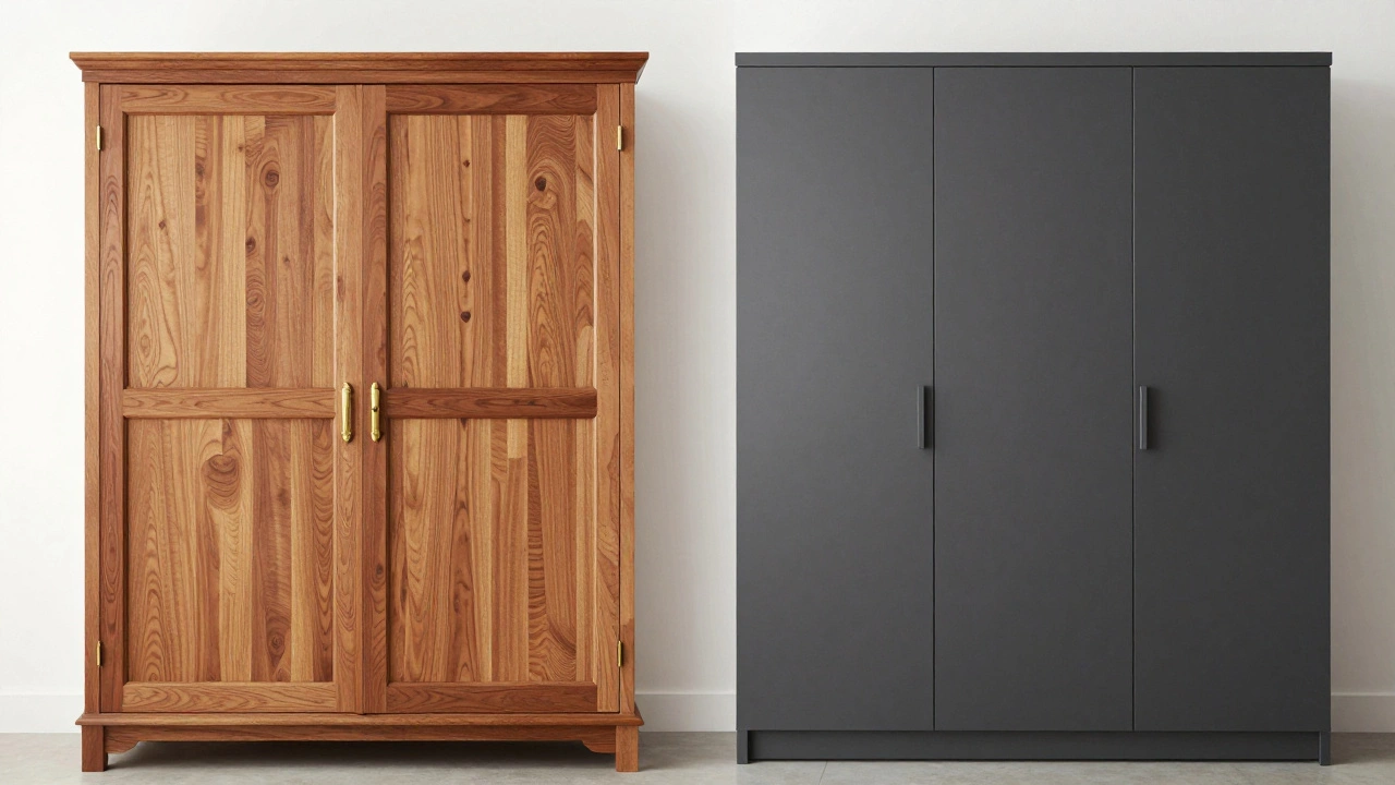 Comparison of a traditional wooden armoire and a modern minimalist wardrobe