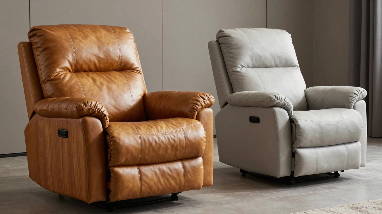 Comparison of luxury leather and modern fabric recliners in a stylish interior