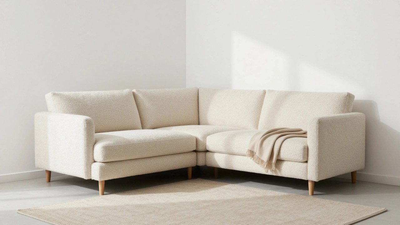 Cream boucle sofa against white walls