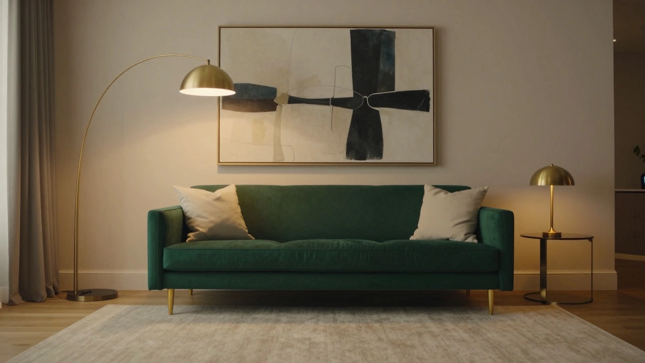 Emerald sofa with coordinated art, rug, and layered lighting setup