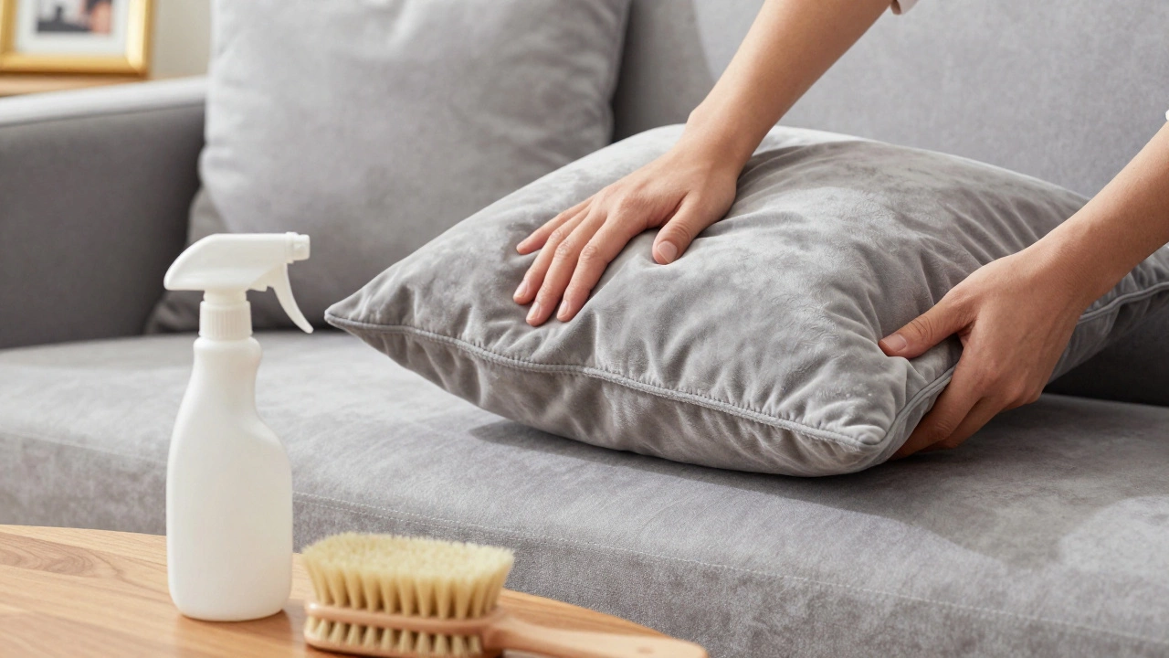 Hands fluffing sofa cushions with cleaning supplies nearby for maintenance