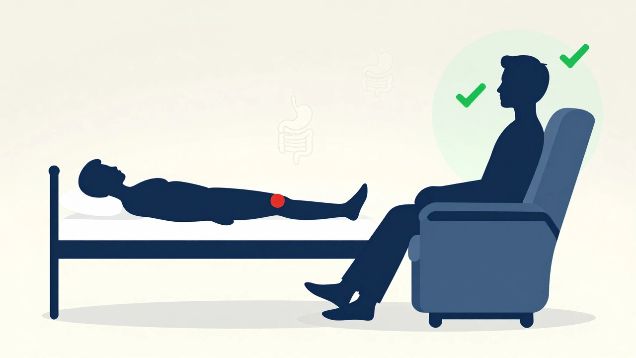 Illustration comparing joint strain in bed versus ergonomic support and breathing ease in a recliner.