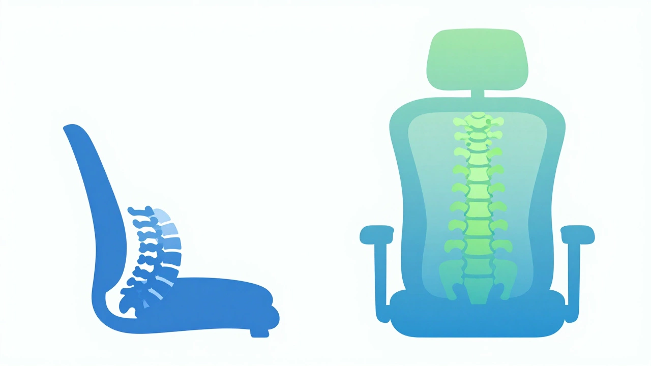 Illustration comparing lumbar-only vs full spinal support in office chairs