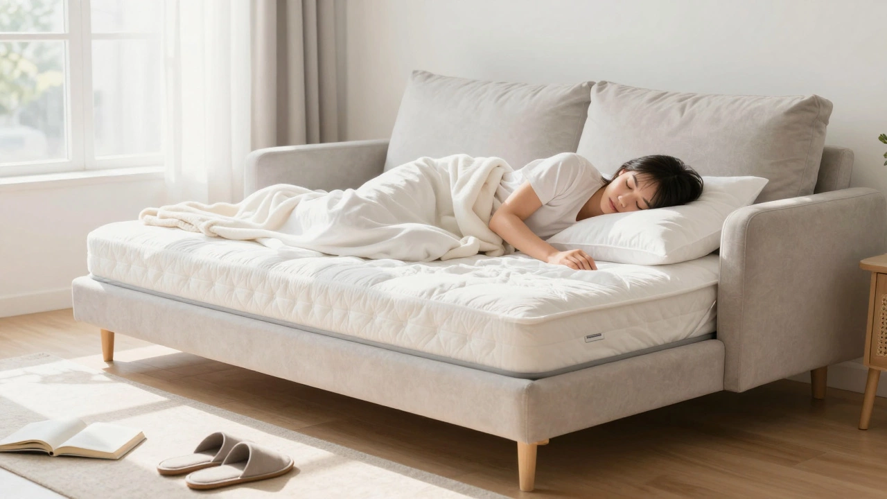 Person sleeping comfortably on a plush, extended sleeper sofa