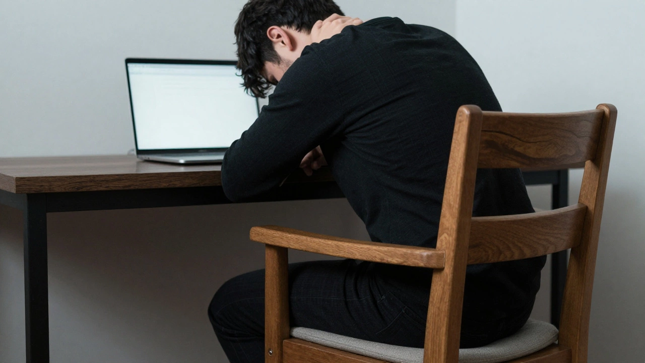 Person straining while sitting on a hard wooden chair