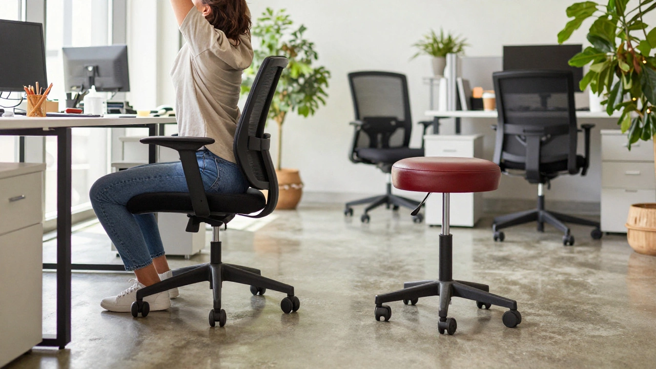 Person stretching near ergonomic stools in a bright office