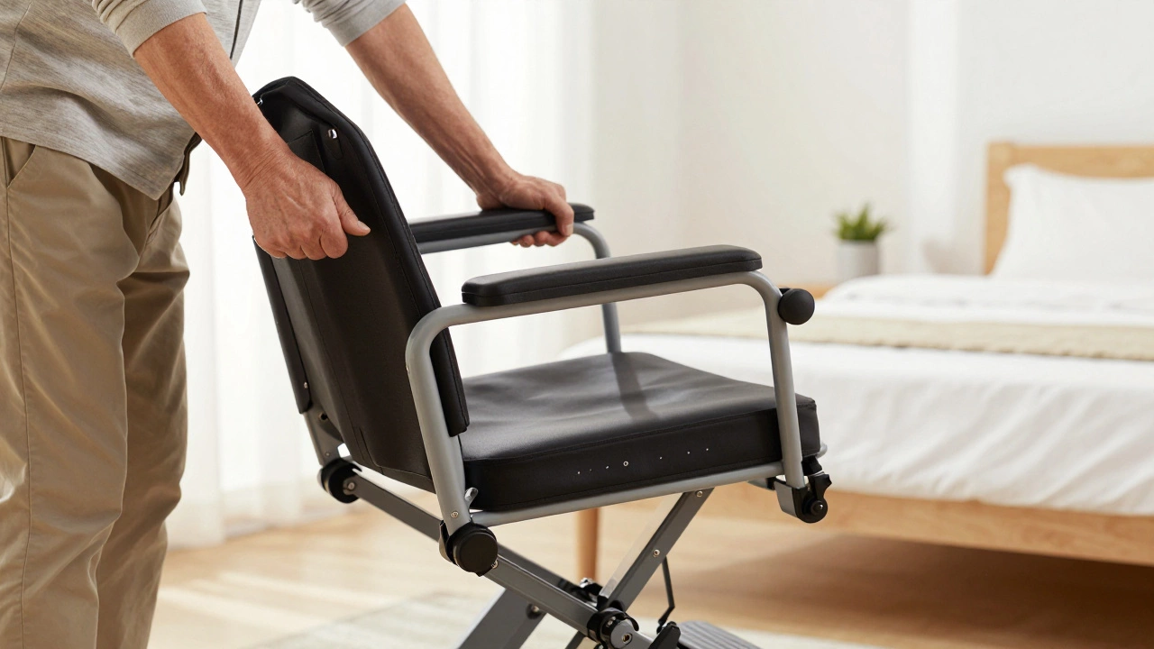 Senior using a power-lift recliner to stand up safely, highlighting independence and ease of use.