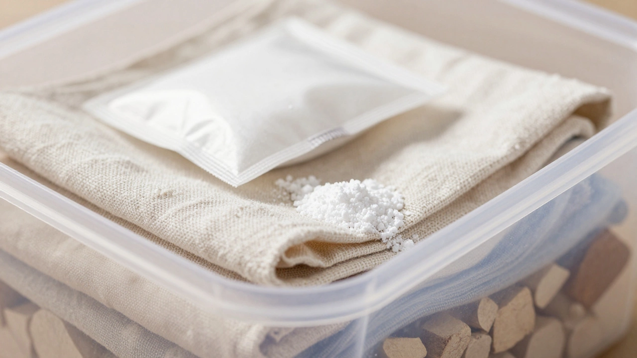 Silica gel and cedar blocks protecting stored linens