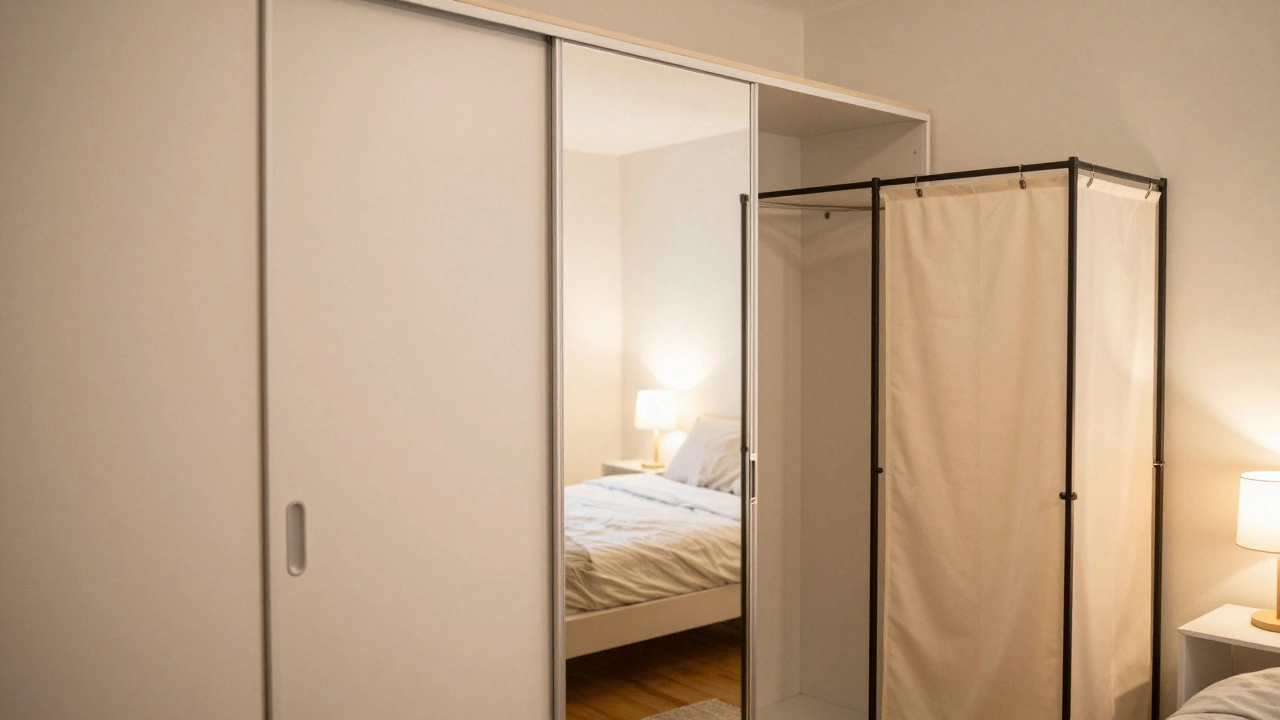Sliding door wardrobe and portable unit in a compact rental bedroom