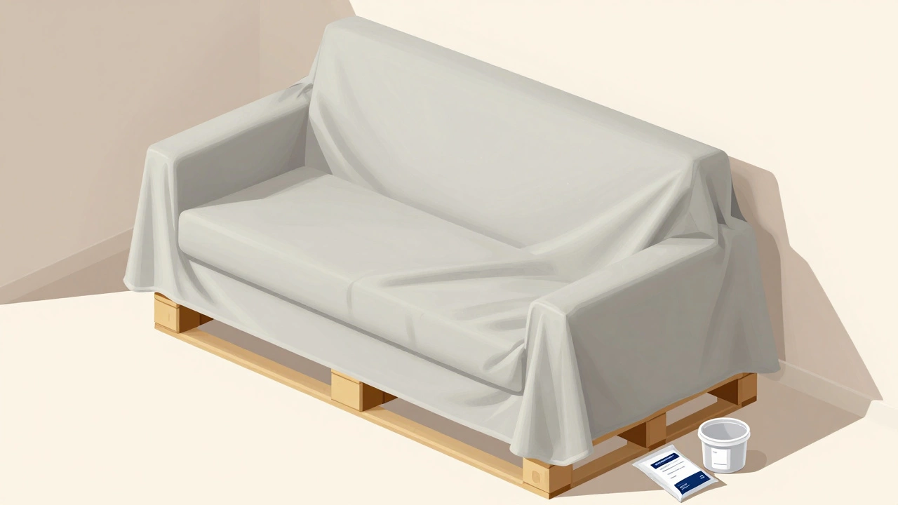 Sofa stored on pallets under a canvas cover in a dry unit
