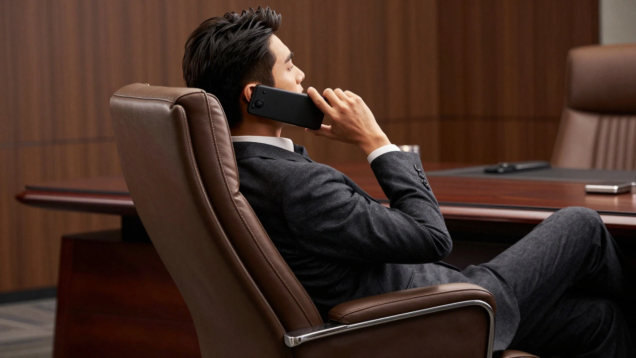 Tall person relaxing in a high-back executive chair with headrest support