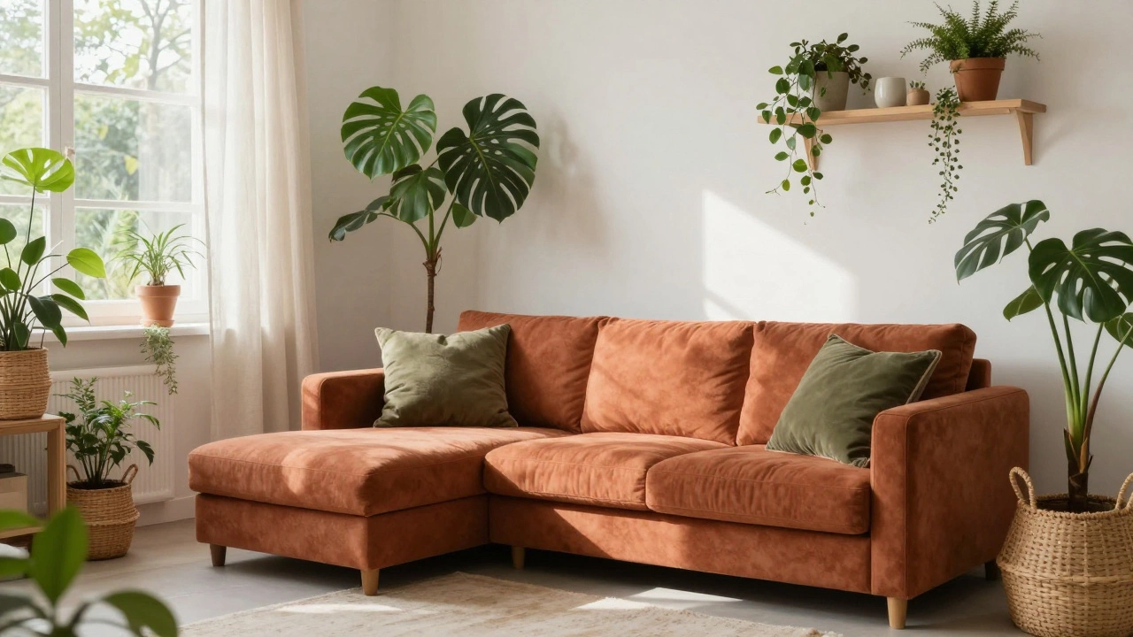 Terracotta sofa with plants in cozy living space