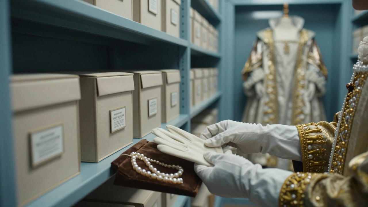 Climate-controlled vault storing archived royal garments and accessories.