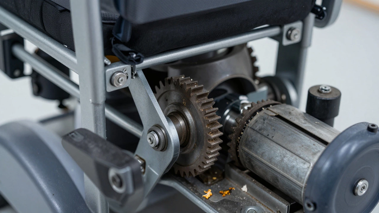 Close-up of recliner gears with debris jamming mechanism