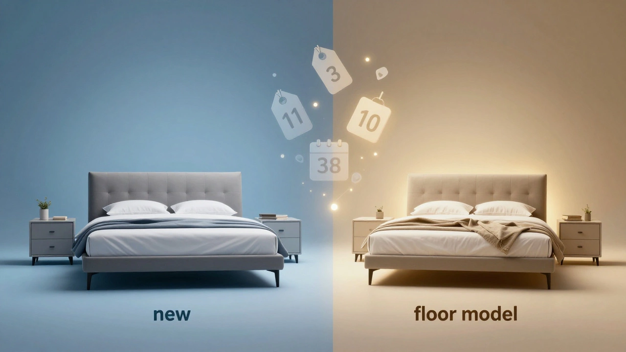 Comparison of new vs floor model furniture highlighting savings potential